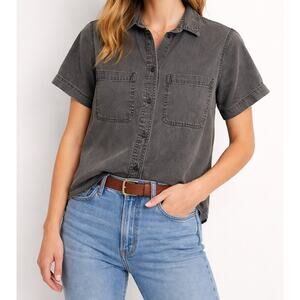 Madewell XS Black Button Down Shirt 100% Cotton Collared Short Sleeve Pocket Top